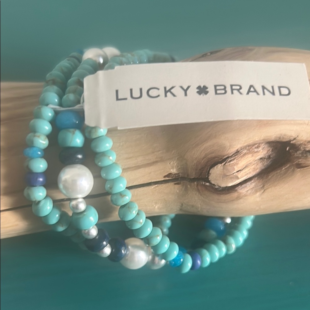 New Lucky Brand Turquoise Dyed Howlite Pearl and Mixed Blue Beaded Bracelet Set